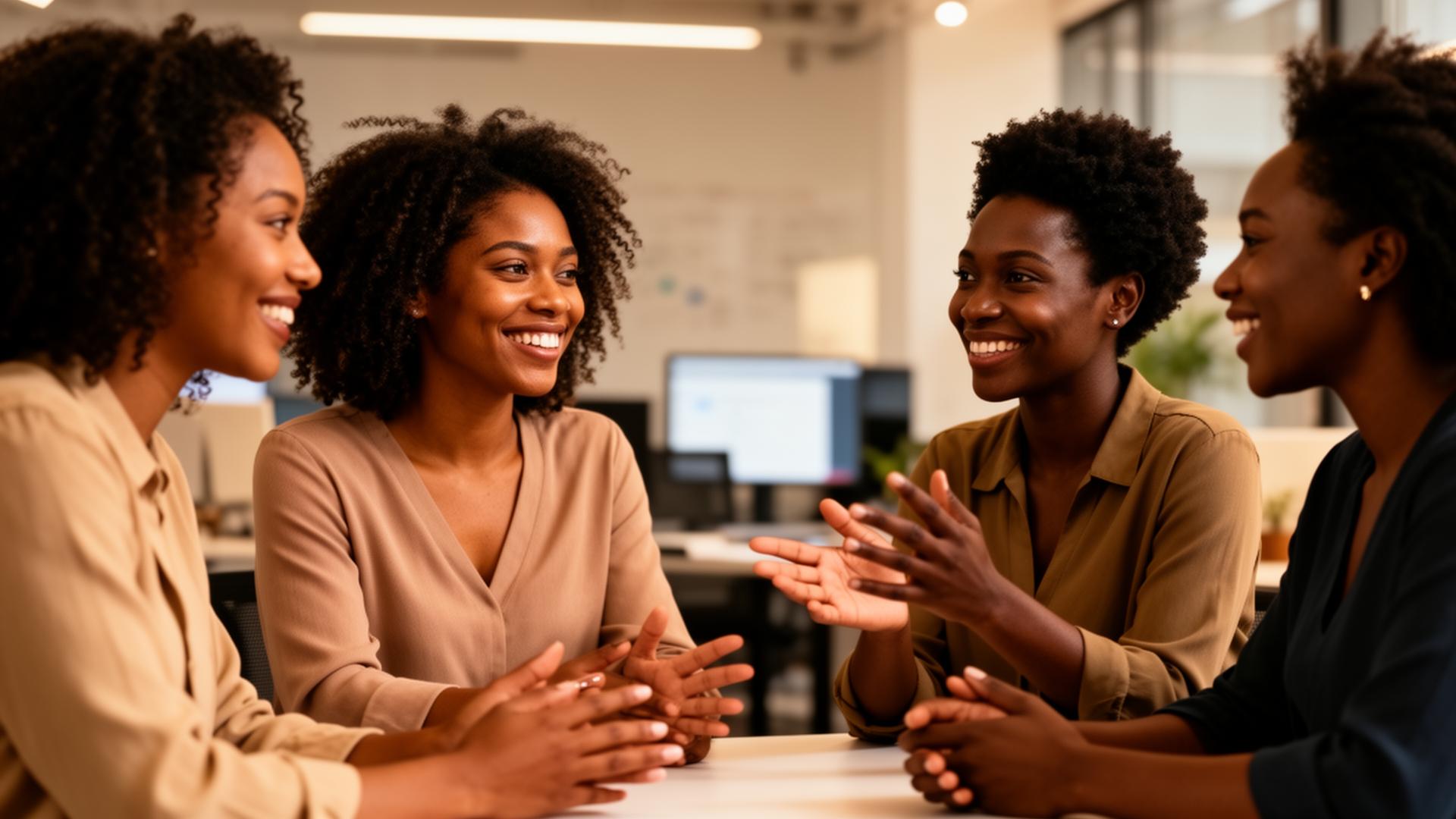 Hands of Black women collaborating over a shared workspace with notebooks and coffee